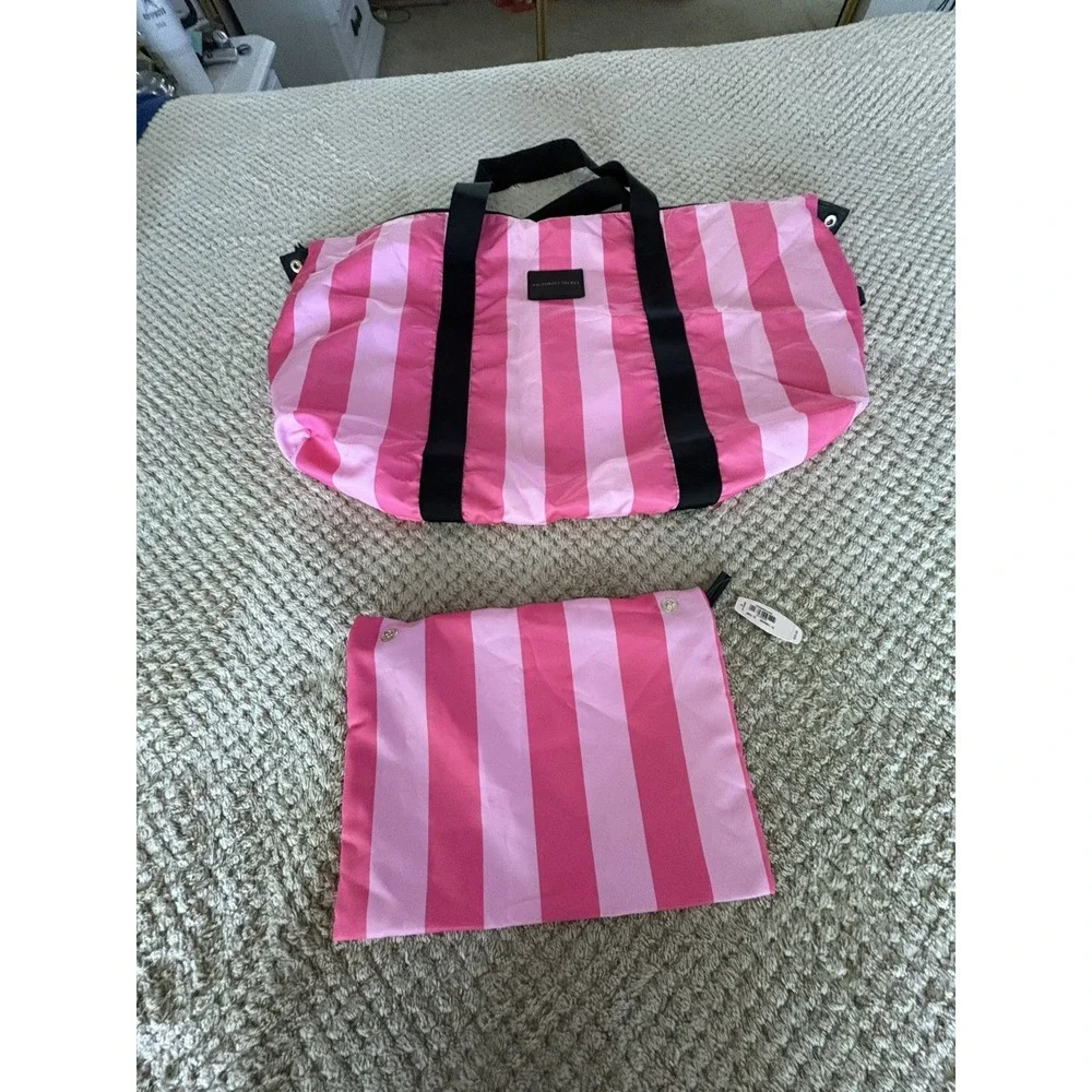 Victoria's Secret Black Pink Stripe Weekender, Make Up Bag And Umbrella Set Bags